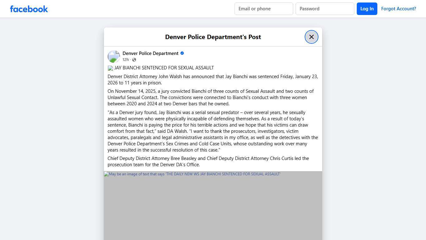 🗞 JAY BIANCHI SENTENCED FOR... - Denver Police Department Facebook